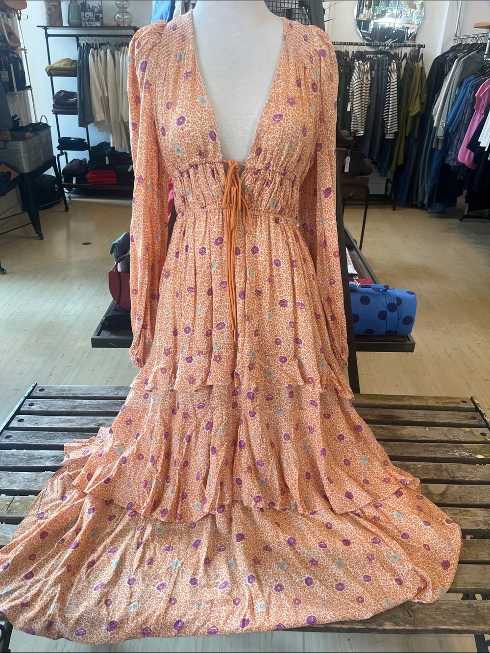 Free People Orange Floral Tiered Maxi Dress with Purple Accents